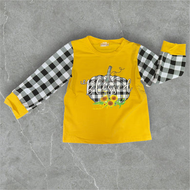 Yellow Blessed pumpkin shirt with black & white plaid long sleeves