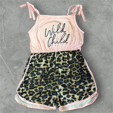 Wild child spaghetti strap pink & leopard print romper