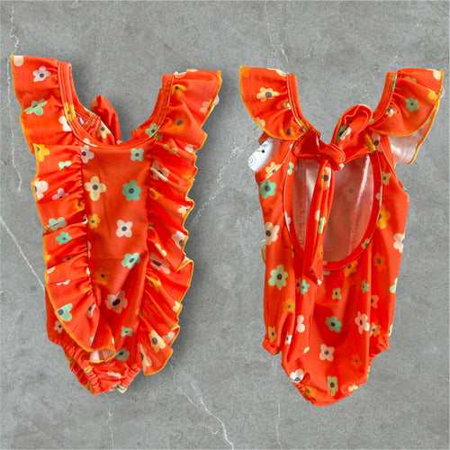 Orange ruffled floral swimsuit