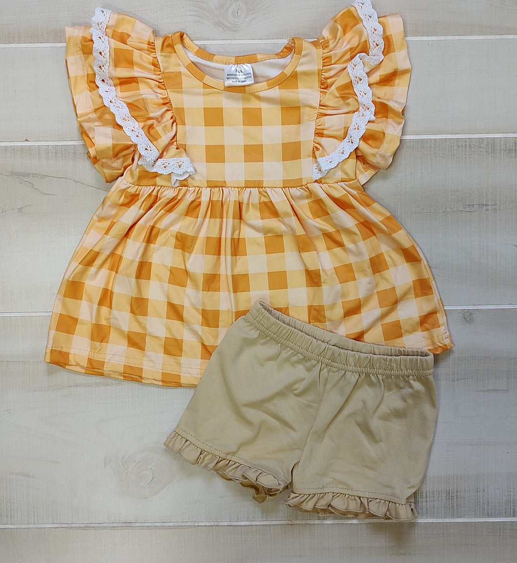 Golden yellow gingham style ruffled short outfit