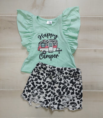 Happy Camper distressed cow print short outfit
