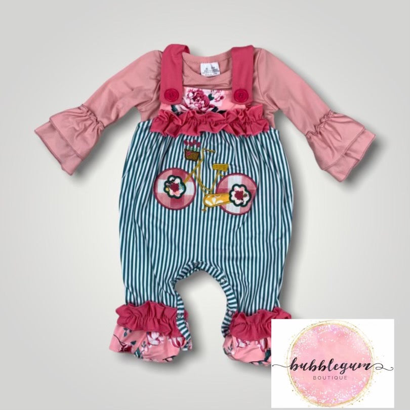 Striped pink & floral bike romper with ruffles
