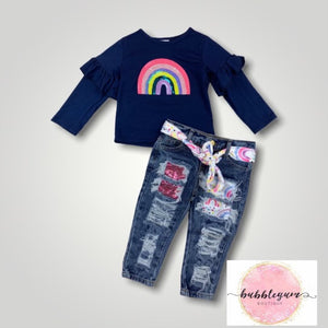 3 Piece Rainbow distressed jean outfit