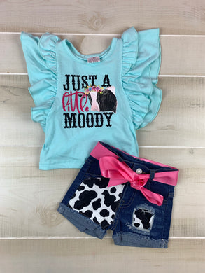 Ruffled Just a little MOOdy cow print jean short outfit