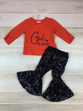 "God is good" Orange & Black sparkle bell outfit