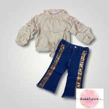 Gold & white striped "puffy" sleeve sequin jean bell outfit