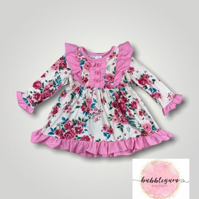 Off white pink & floral ruffle dress
